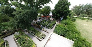A garden with pathways and a building in the background.