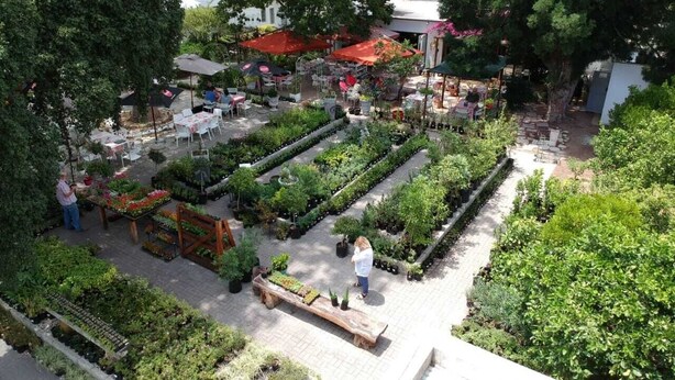 Un centre de jardinage proposant une variété de plantes et d’arbres, des espaces de détente en plein air et un sentier.