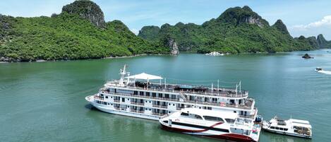 Een groot cruiseschip ligt aangemeerd in een haven, met weelderige groene heuvels op de achtergrond.