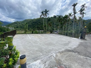 A tennis court surrounded by a fence, with palm trees and a hilly landscape in the background. - Atayal Villa (Datong)
