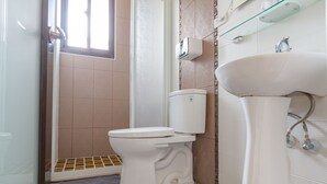 A bathroom with a toilet, a glass shower enclosure, and a sink. - Atayal Villa (Datong)