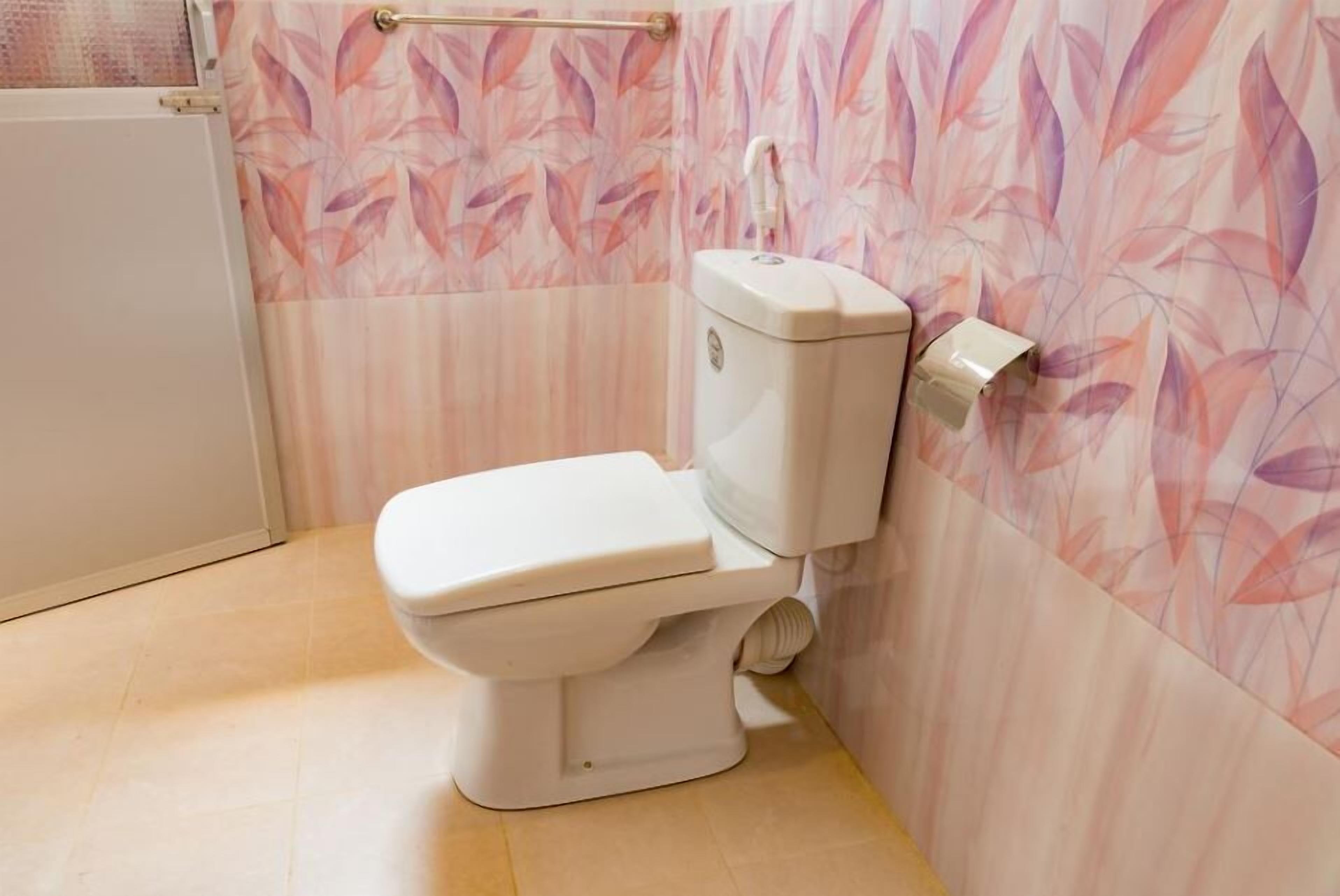 A toilet with a wall-mounted bidet, a towel rack, and a toilet paper holder.