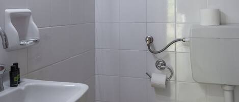 A bathroom with a sink, toilet, and shower area.