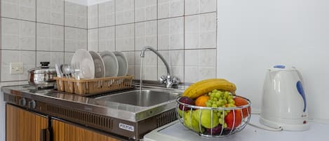 Una cocina con un lavamanos, escurreplatos, frutero y hervidor.