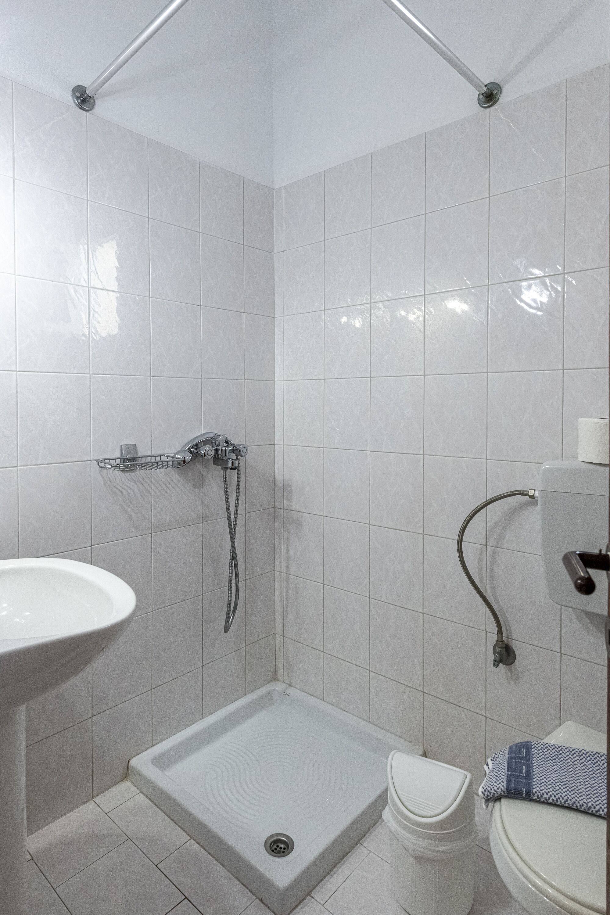 Une salle de bain avec douche, toilettes et lavabo.