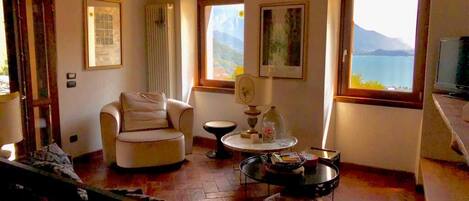 TV, fireplace, books, stereo