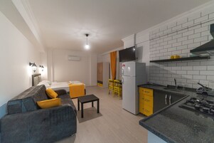 A compact living space with a sofa, a small table, a kitchen area with a refrigerator, and a dining area with a chair and table.