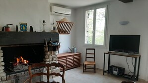 Un salon avec une cheminée en pierre, un téléviseur et une grande fenêtre.