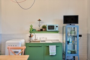 Fridge, microwave, electric kettle, toaster