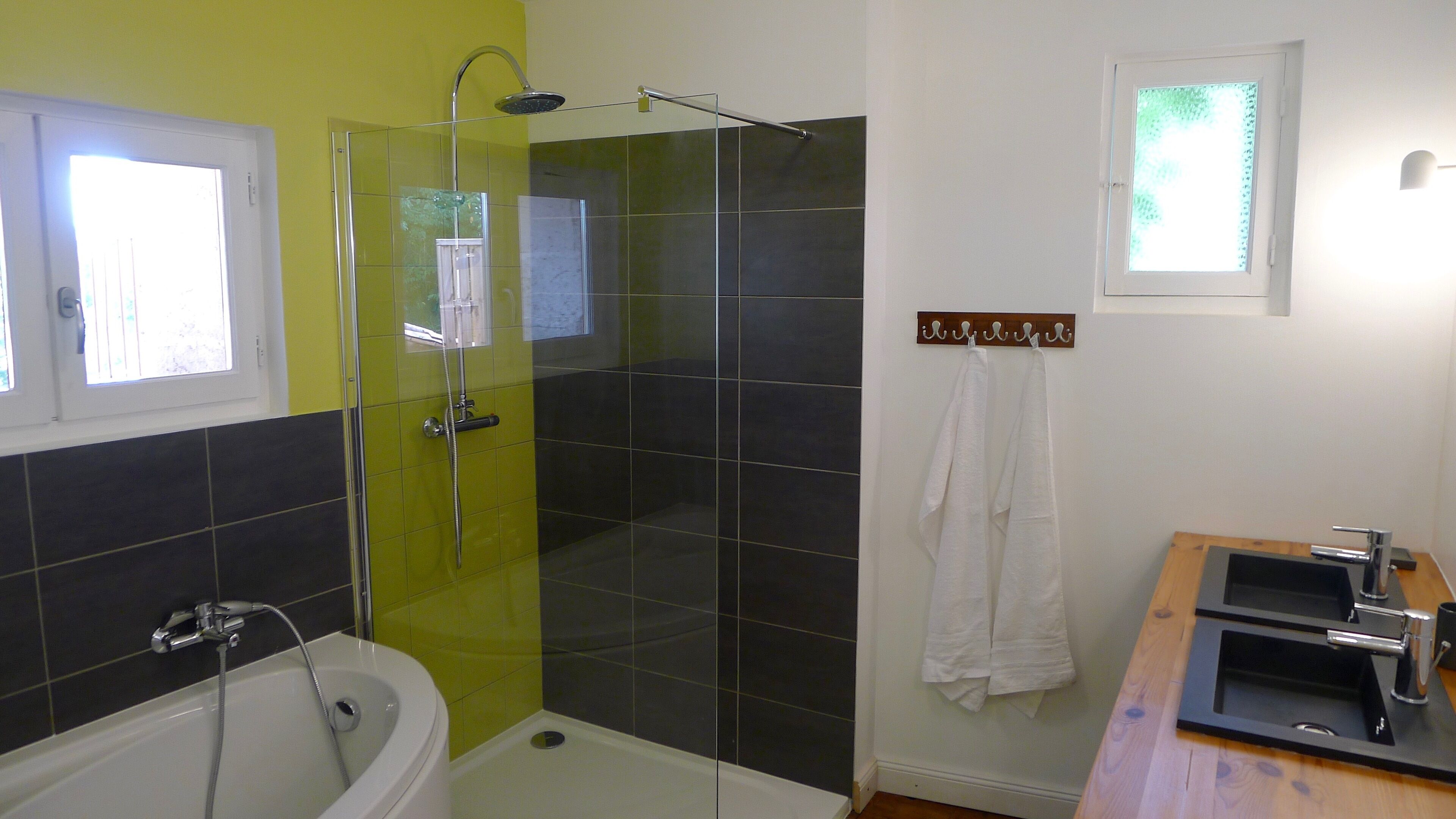 Combined shower/bathtub, hair dryer, towels, toilet paper