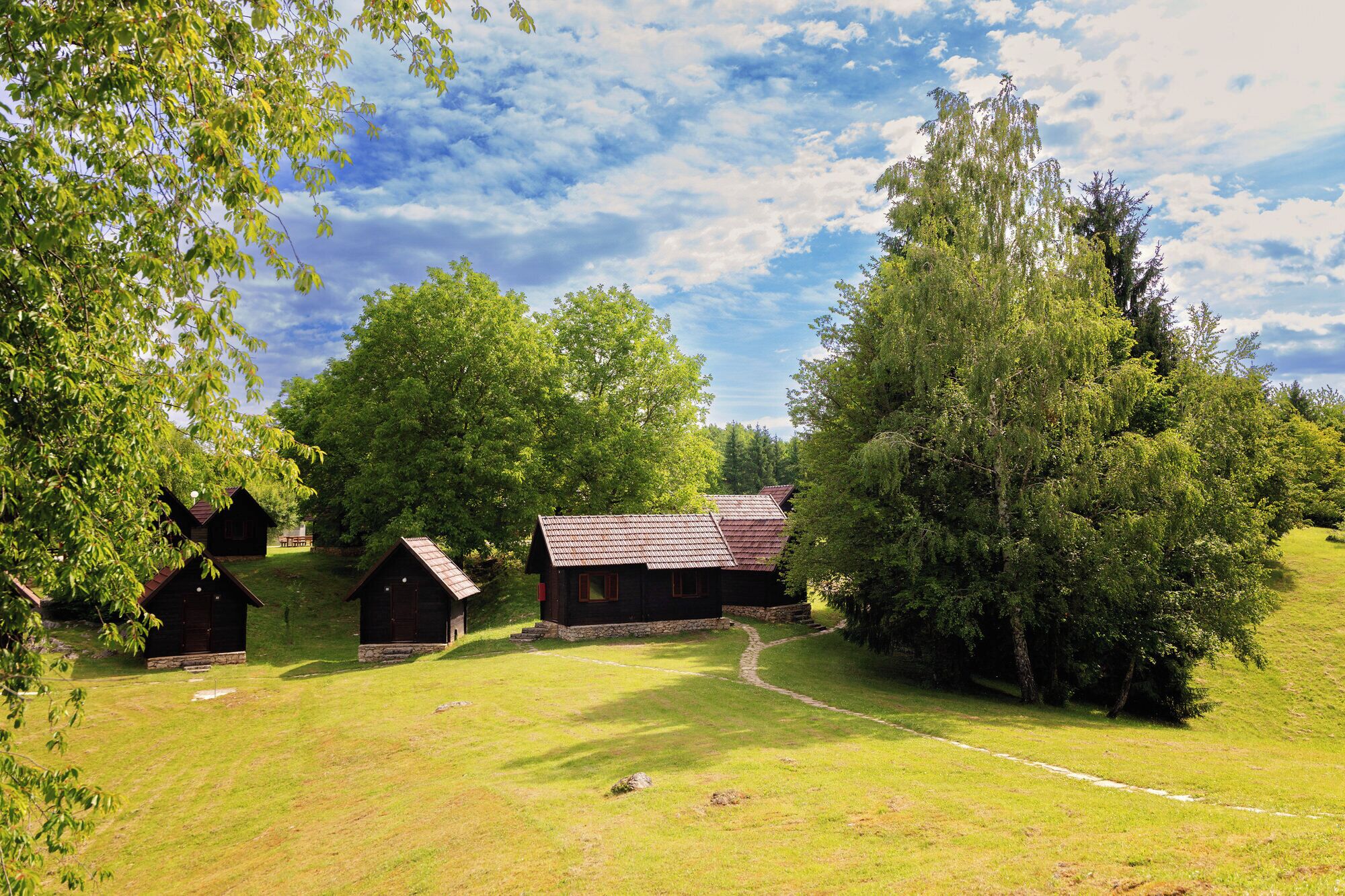 A rustic cabin area with multiple wooden cabins surrounded by lush greenery and trees.