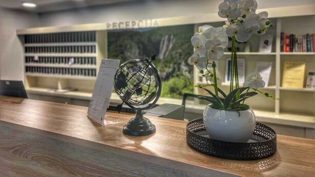A reception desk with a globe, a potted orchid, and a signboard.