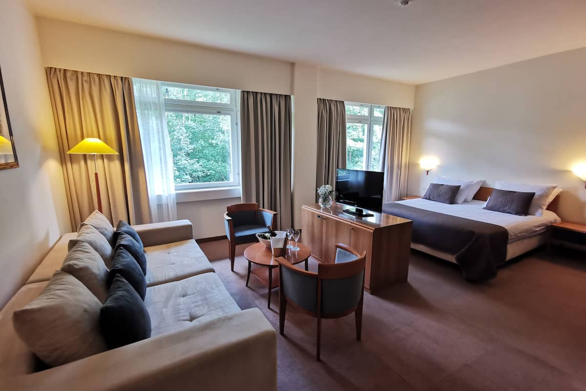 A hotel room with a sofa, a bed, a desk with a TV, and a small table with chairs.