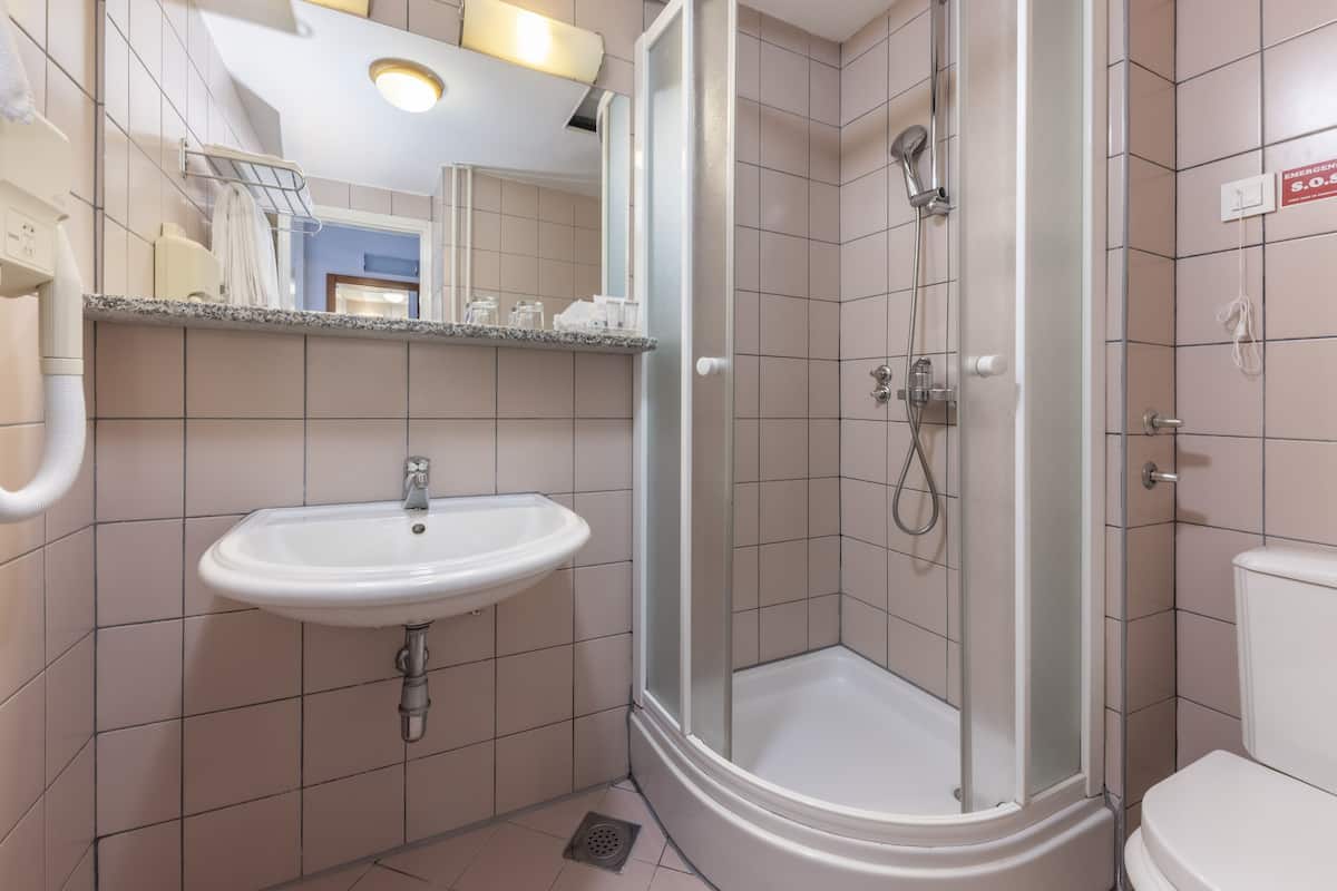 standard double room, park side | bathroom | hair dryer, towels