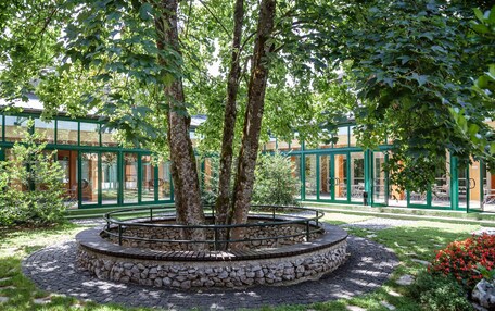 A circular stone and brick garden with a metal railing, surrounded by trees and a building with glass doors and green frames.