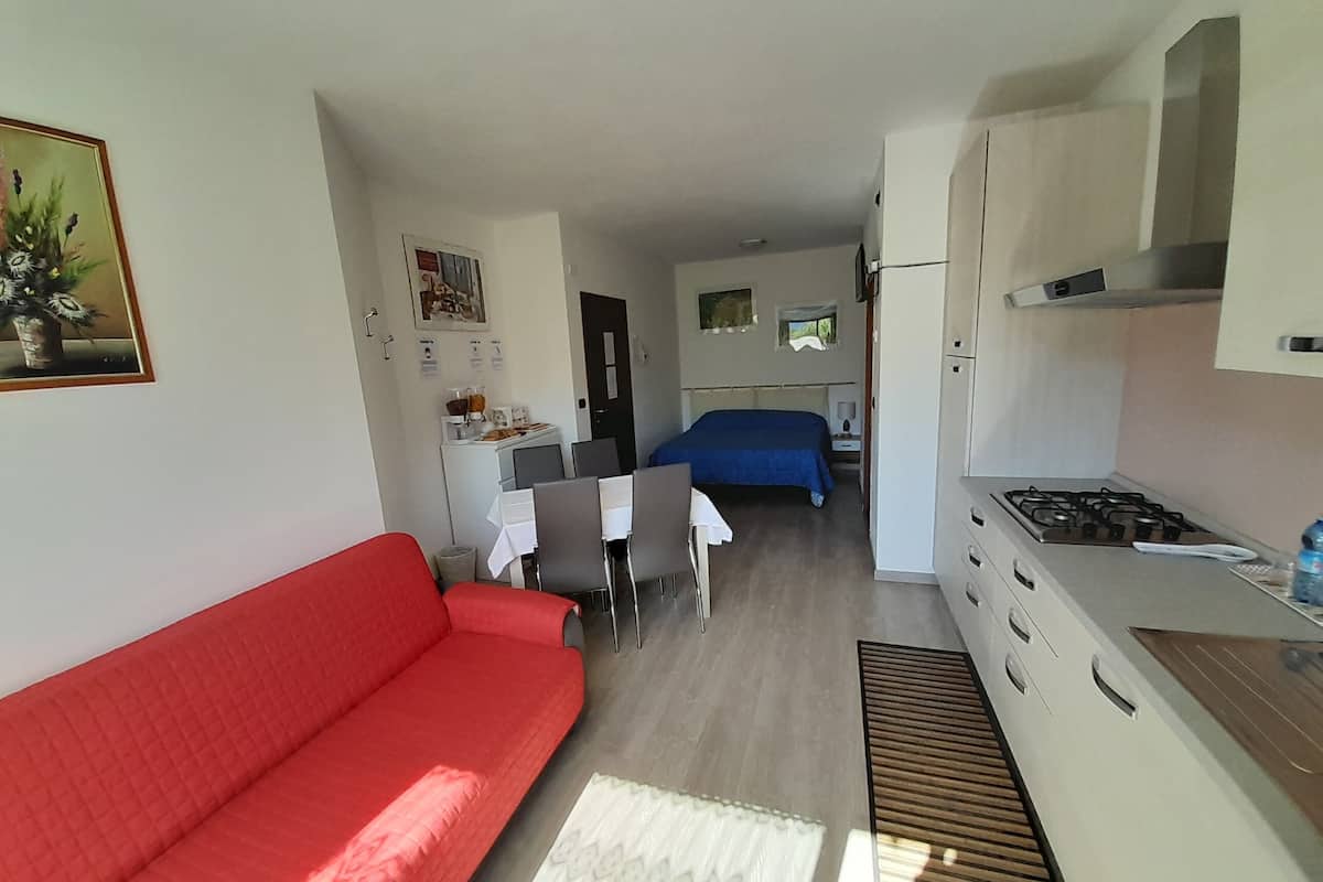 Un espacio habitable pequeño con un sofá rojo, una mesa de comedor con sillas, una zona de cocina con estufa y una cama al fondo.