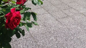 Un edificio con varios balcones, jardineras y un camino de entrada de grava.