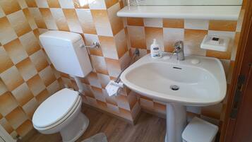 A bathroom with a toilet, sink, and a mirror.