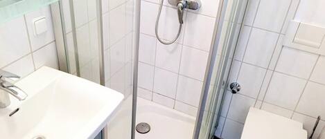 A bathroom with a glass-enclosed shower, a white sink, and a toilet.