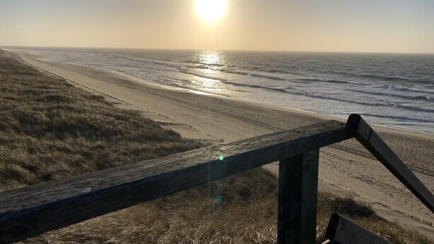 A beach with a wooden fence and a clear view of the ocean.