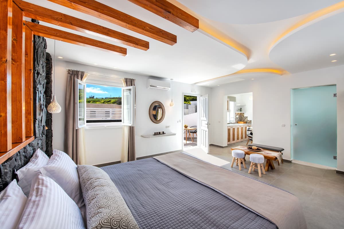 A modern bedroom with a large bed, a wooden ceiling, and a view of the outdoors.