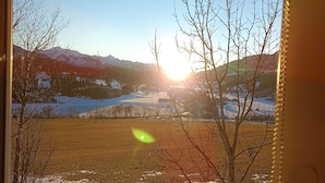 Blick durch ein Fenster auf eine verschneite Landschaft mit kahlen Bäumen, blauem Himmel und Bergen in der Ferne.