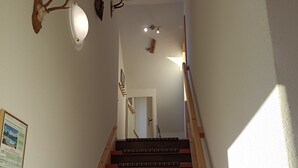 Eine Holztreppe mit Handlauf, die zu einer Tür oben führt.