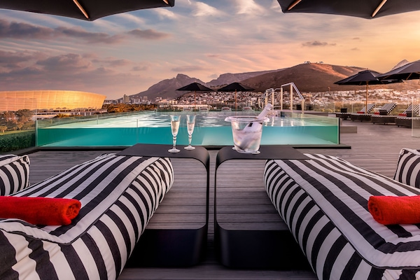 Outdoor pool, pool umbrellas, pool loungers