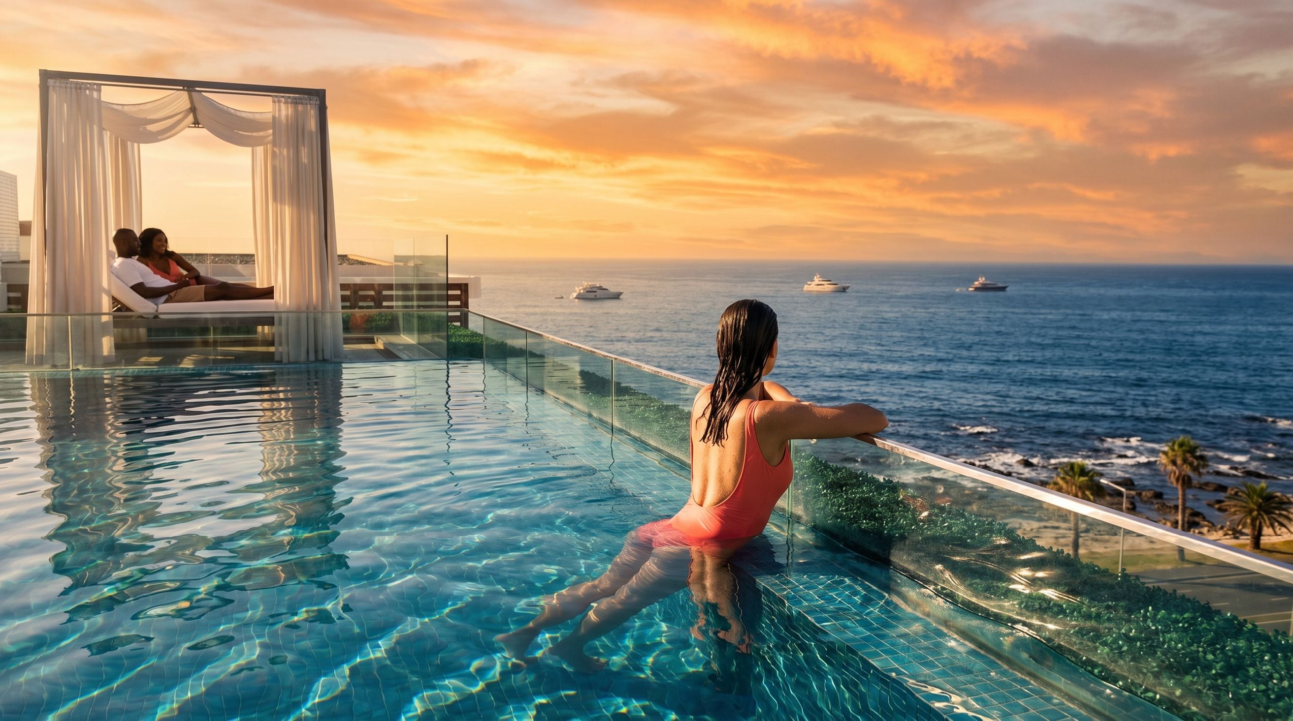 A poolside view with a sunset, a couple relaxing, and yachts in the distance.