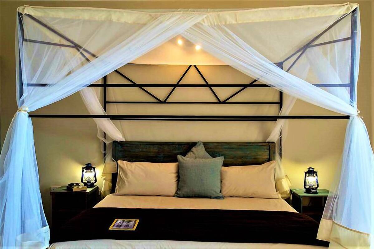 A bed with a canopy, two bedside lamps, and a wooden headboard.