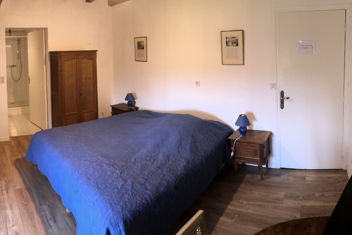 A bedroom with a large bed, a wooden chair, a wardrobe, and a door with a picture frame.