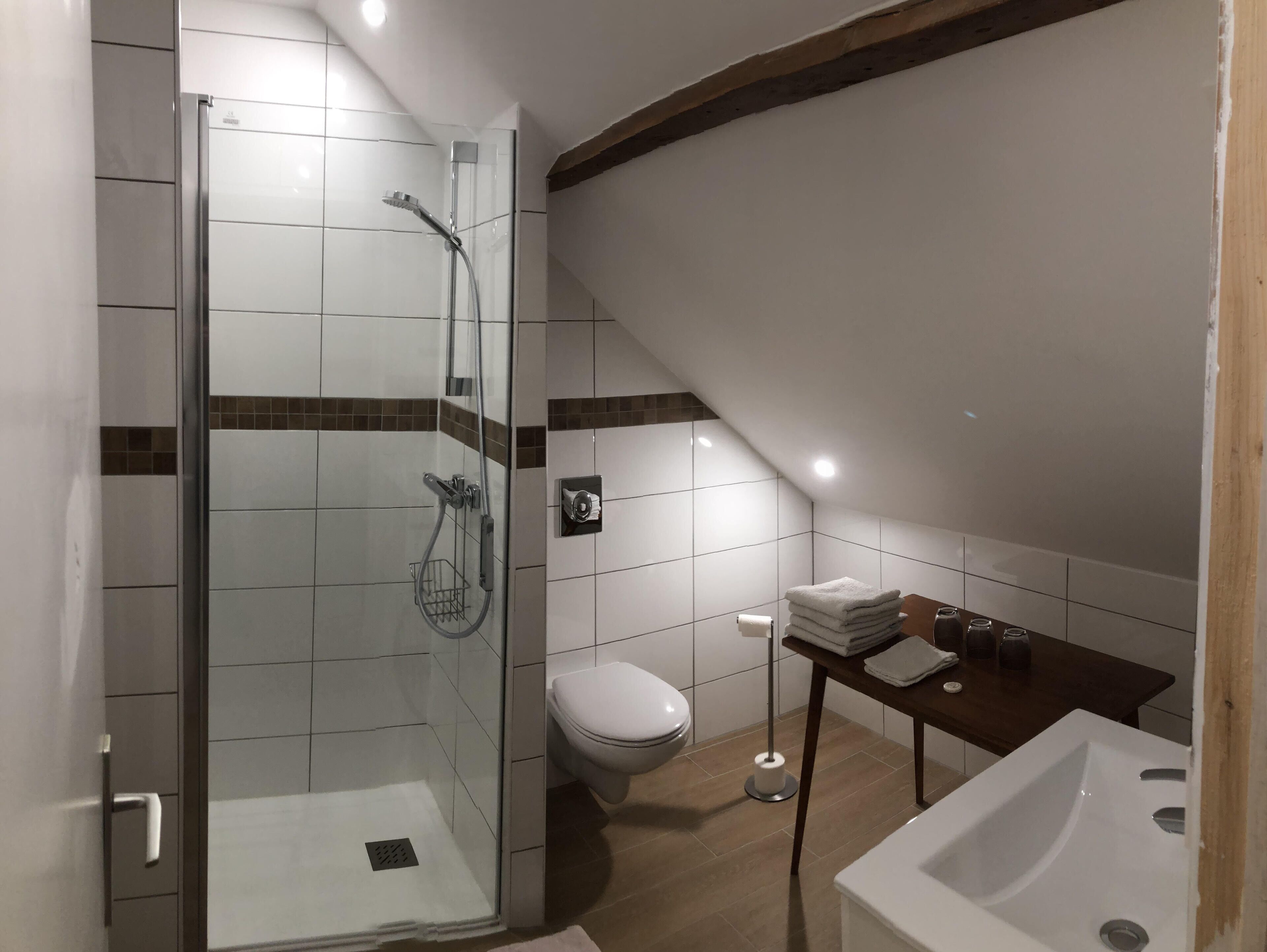 Family Double Room | Bathroom | Shower, hair dryer, towels, soap