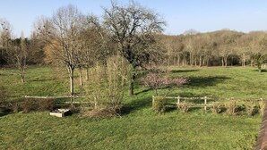 A grassy field with trees and a wooden fence. - La Jonquière (Bouloire)
