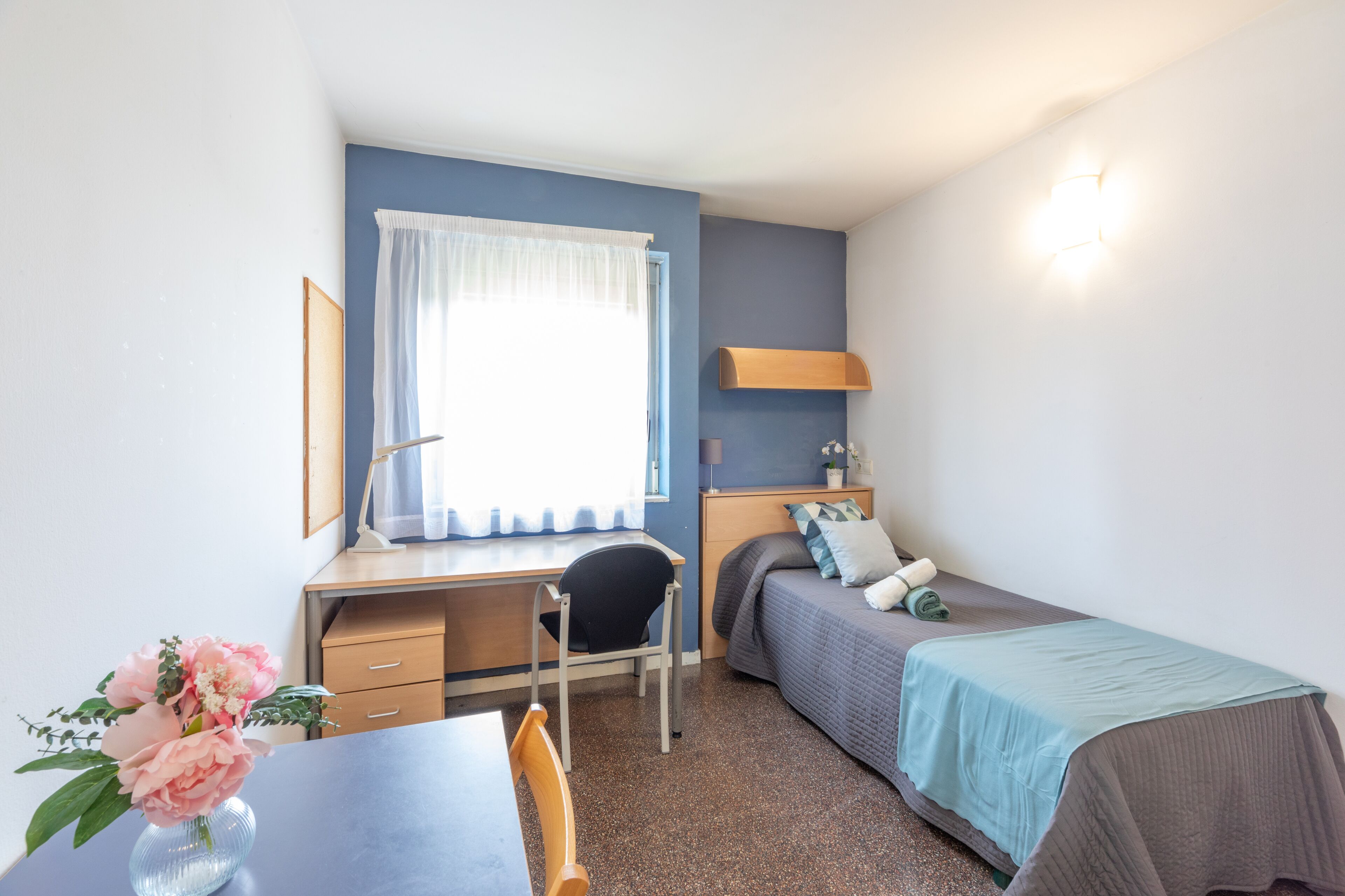 Een bureau, een laptopwerkplek, een strijkplank/strijkijzer, gratis wifi