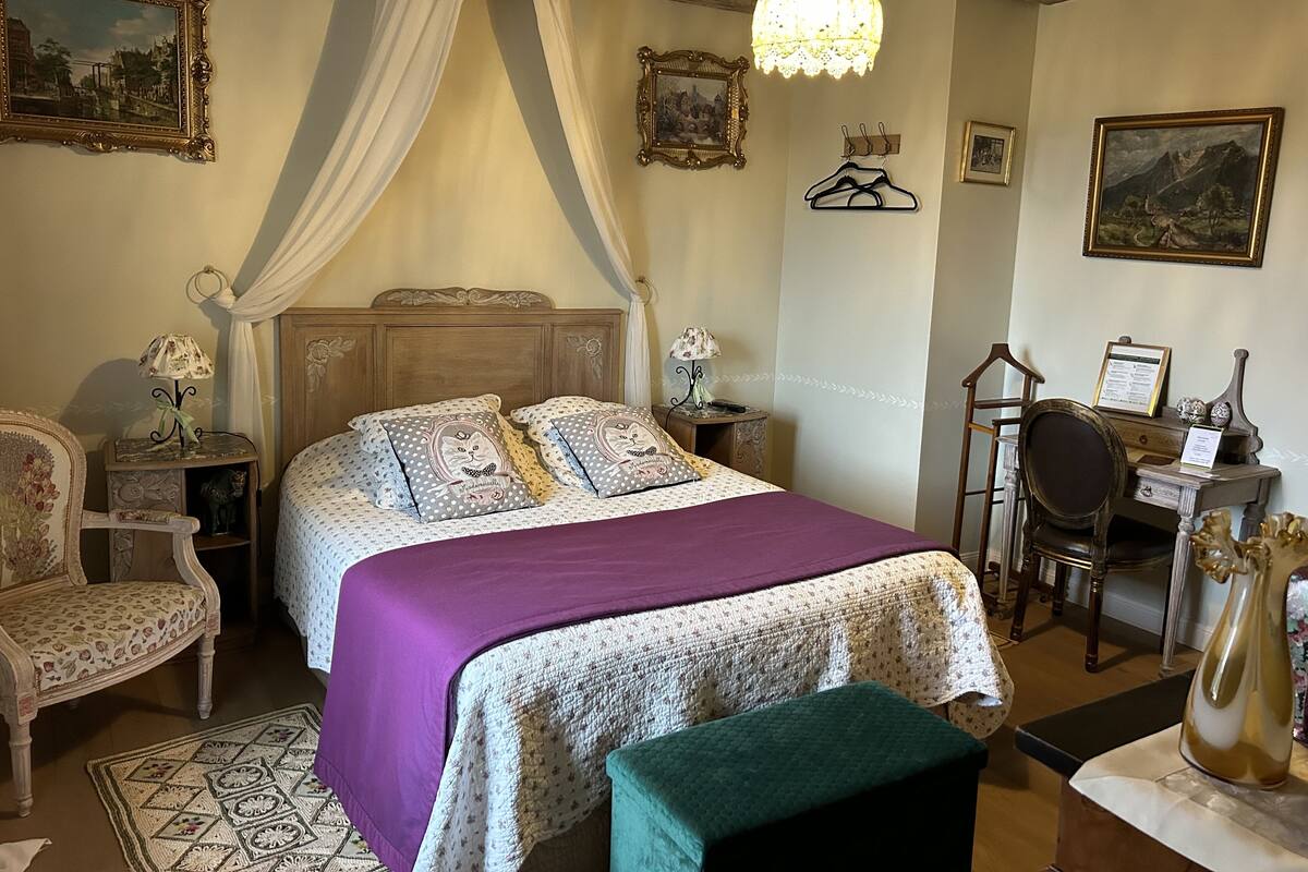 Un dormitorio con cama con dosel, un escritorio con silla, un perchero y una lámpara de escritorio.