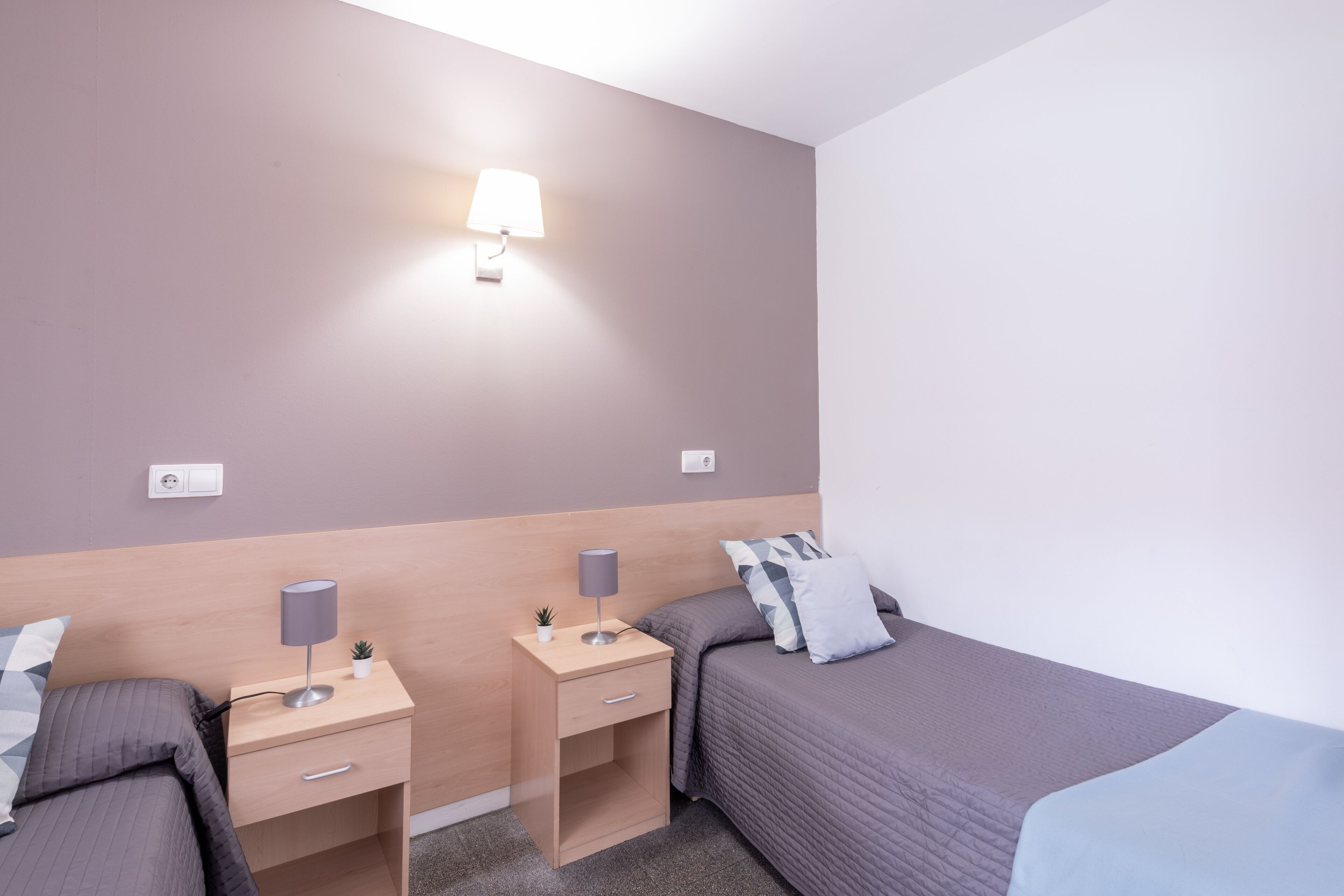A hotel room with two single beds, a bedside table with a lamp, a small plant, and a wall-mounted light fixture.