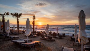 Una playa con tumbonas y sombrillas, palmeras y el océano al atardecer.