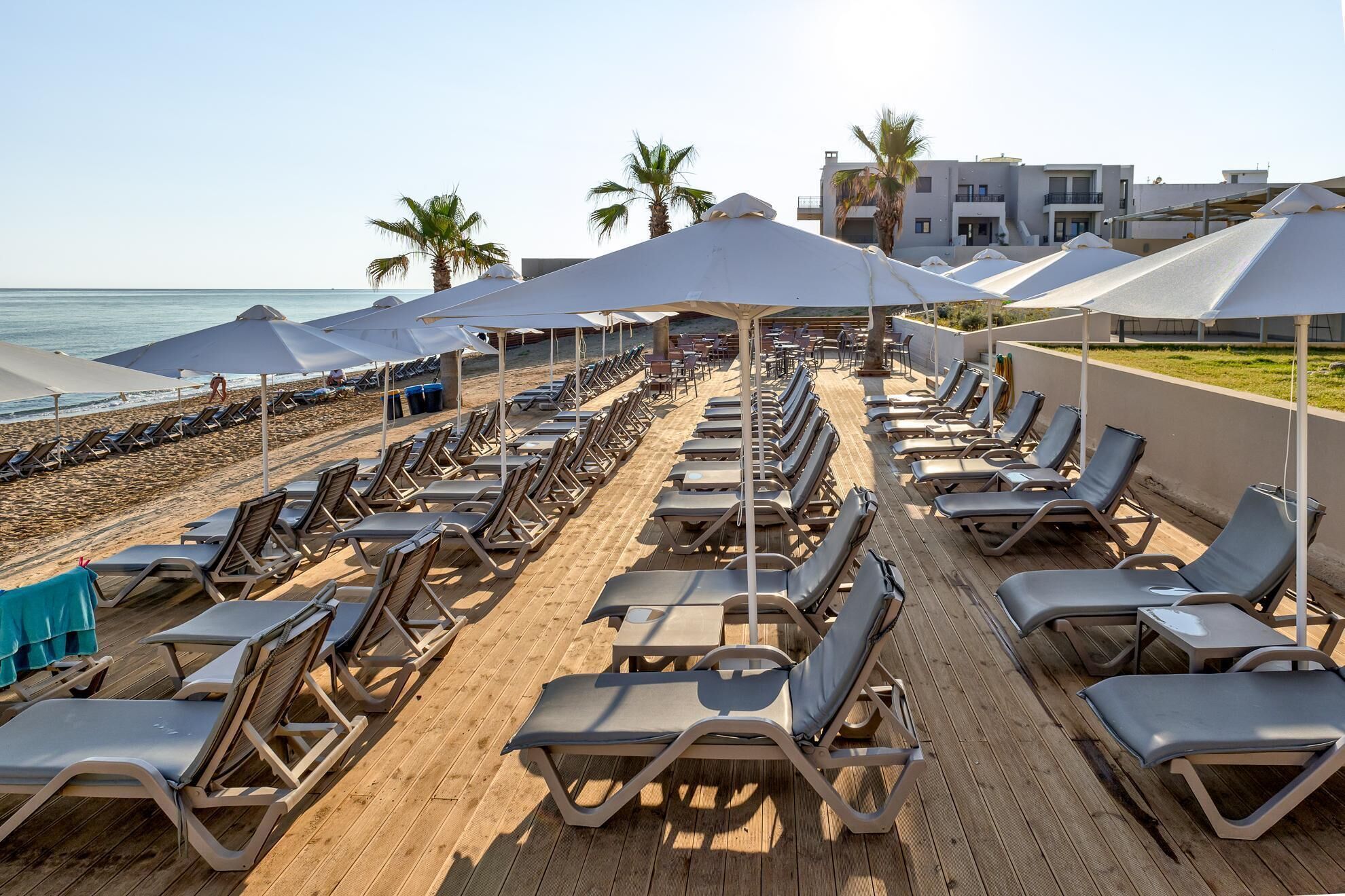 A beachside lounge area with rows of sun loungers and umbrellas, a wooden deck, and a view of the sea and buildings in the background.