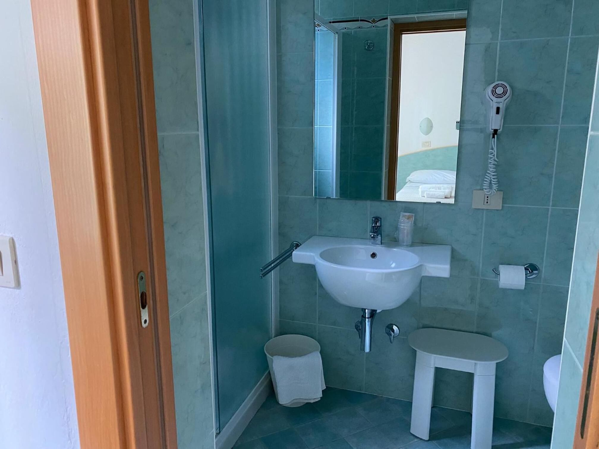 hair dryer, bidet, towels, soap