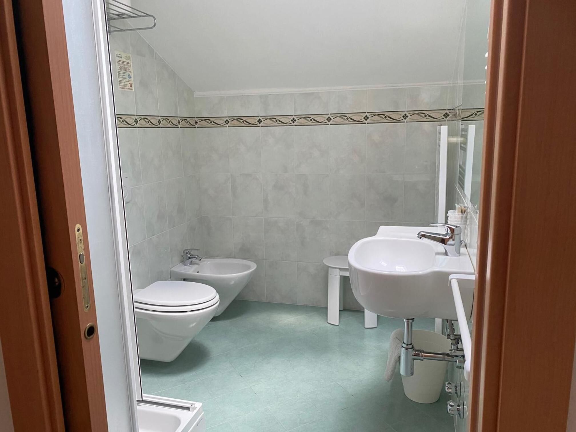 hair dryer, bidet, towels, soap