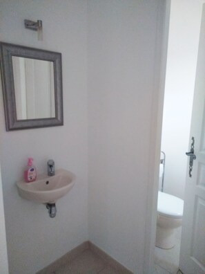 Bathroom features a wall-mounted sink, toilet, and mirror.