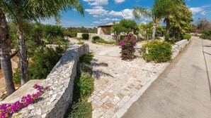 A stone pathway leading to a rustic stone building surrounded by lush greenery and palm trees. - Villa Mila (Morciano di Leuca)