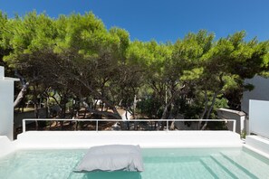 A clear swimming pool with a white edge, surrounded by trees and a white wall.