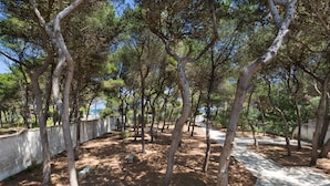 A park with a paved walkway, trees, and a stone wall. - Masseria Villa (Melendugno)
