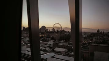 A cityscape with a prominent Ferris wheel in the distance, viewed through window frames.