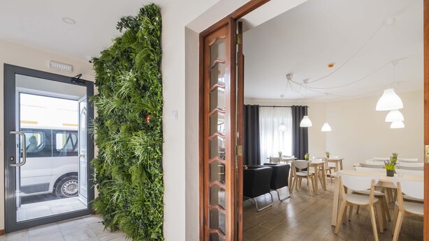 A hotel room with a large window, a wooden door, a green vertical garden, a dining area with a table and chairs, and a ceiling with pendant lights. - Passal Hostel (Ponta Delgada)