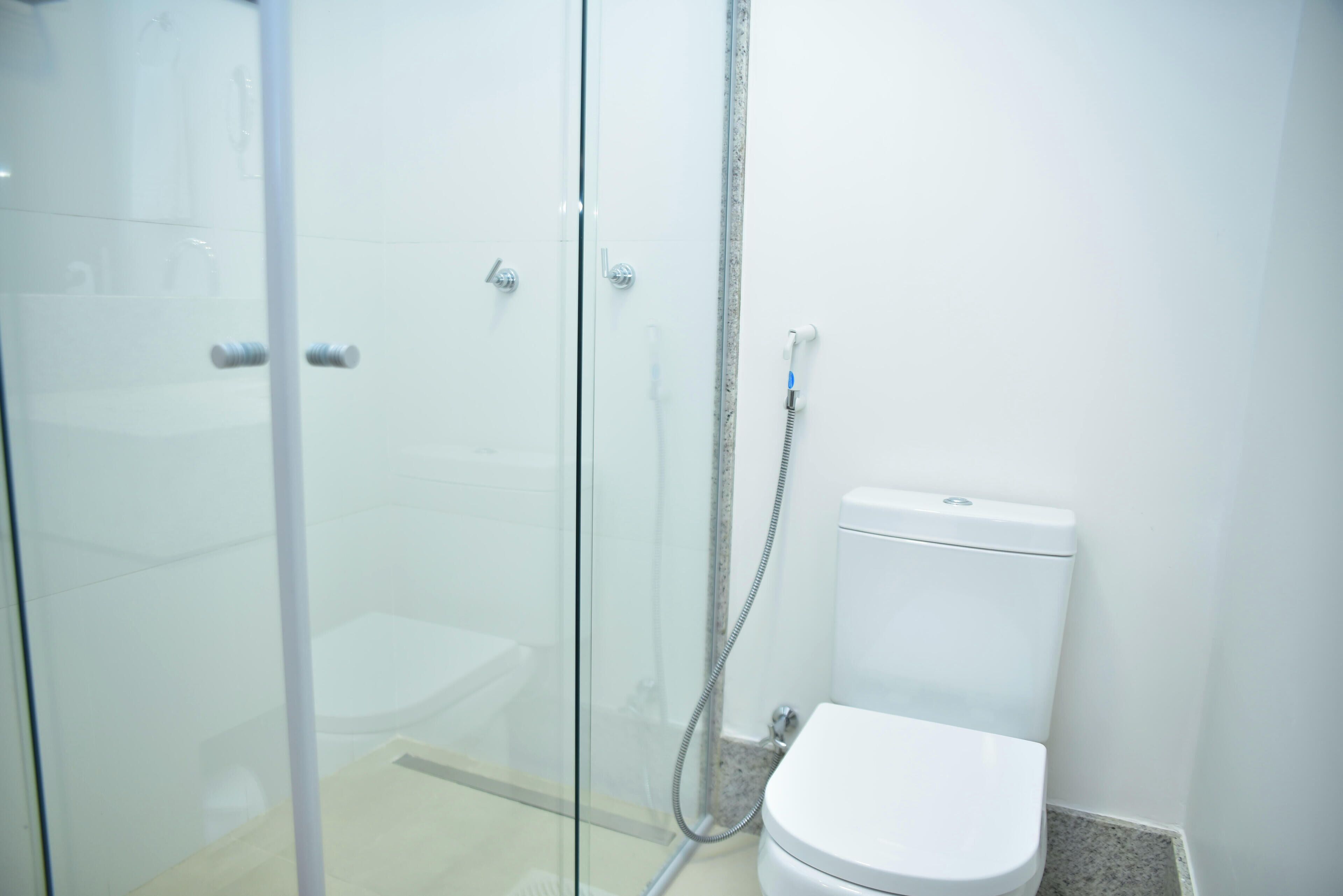 A bathroom with a glass shower enclosure, a white toilet, and a showerhead.