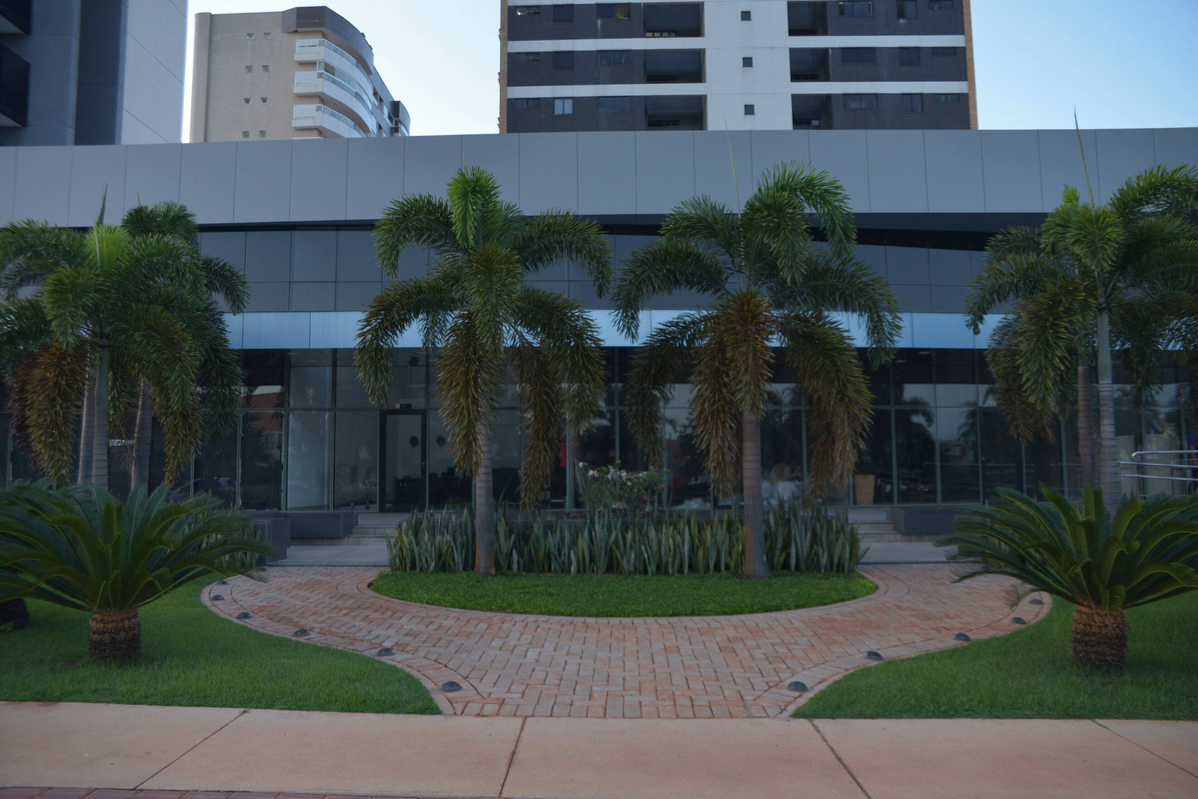 Un edificio moderno con un sendero adoquinado, palmeras y un jardín bien cuidado.