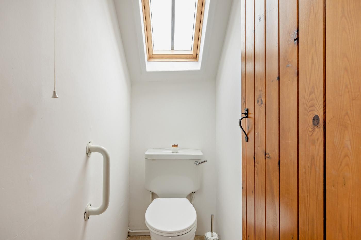 A small, narrow bathroom with a white toilet, a wooden door, and a skylight.