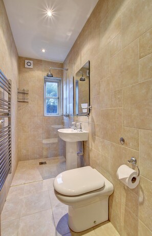 A bathroom with a toilet, sink, and mirror. - 3 Bed in Burrington (oc-northc) (Burrington)